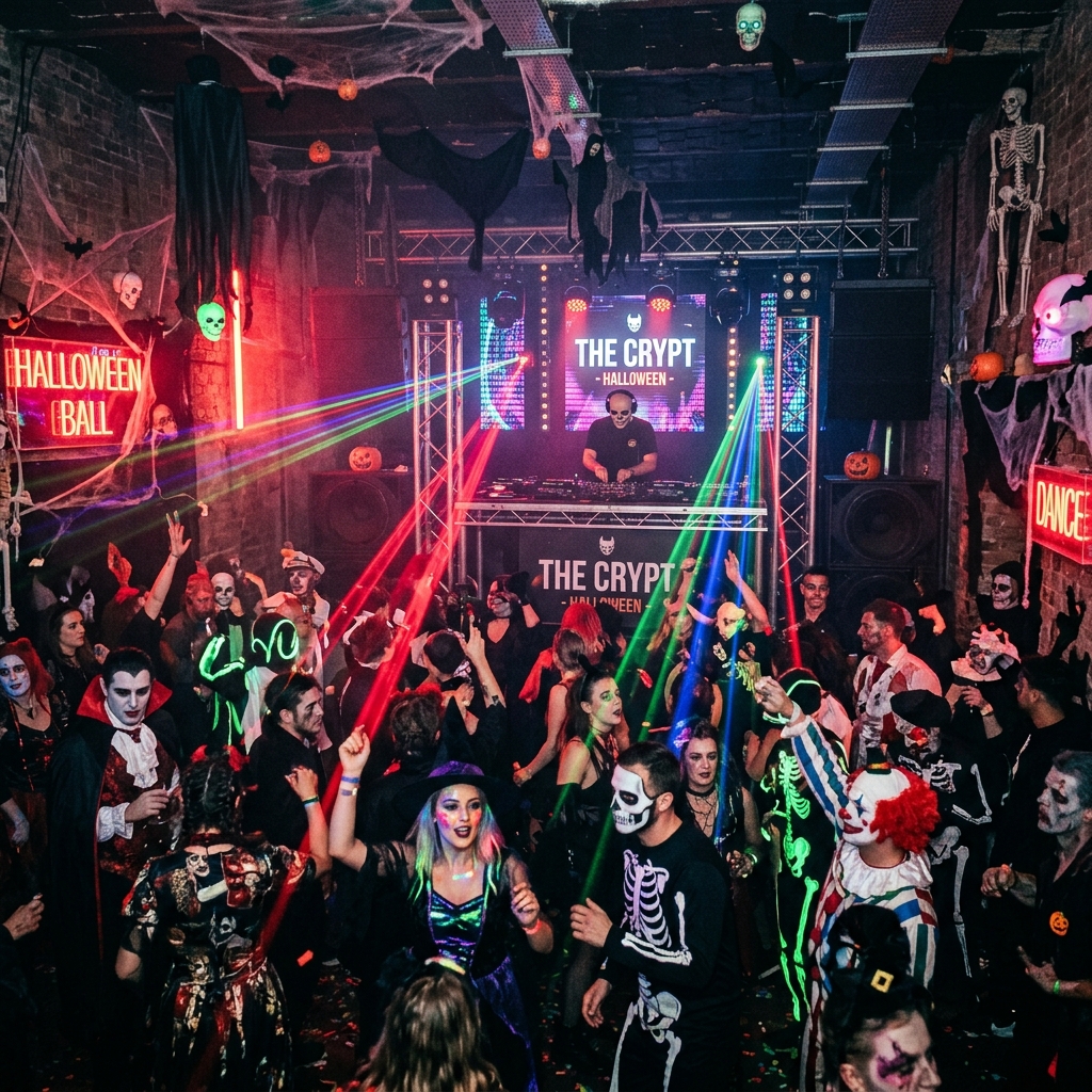 Packed nightclub with Halloween decorations