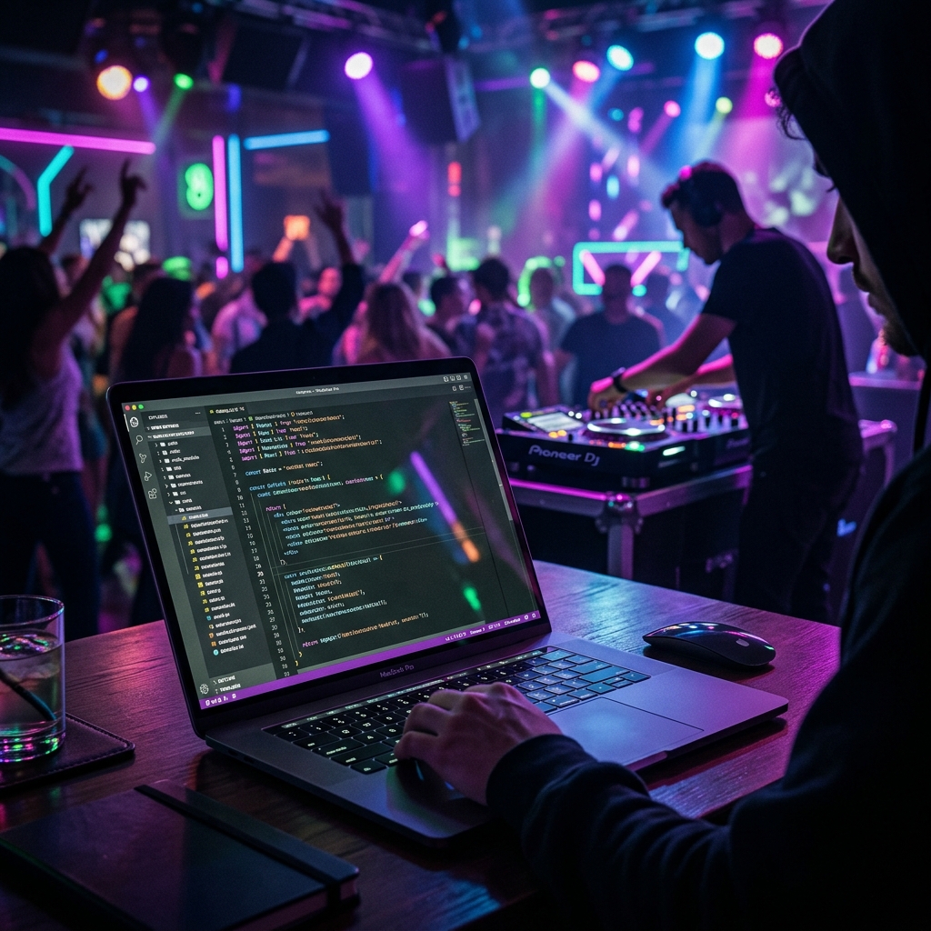 Developer coding on VS Code in a club setting